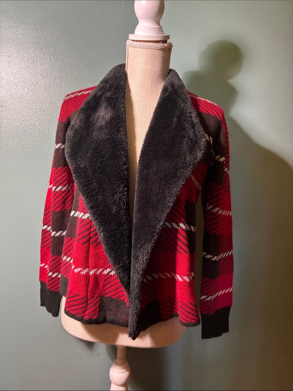 Adrienne Vittadini Red & Black Plaid Teddy Shawl Collar Jacket